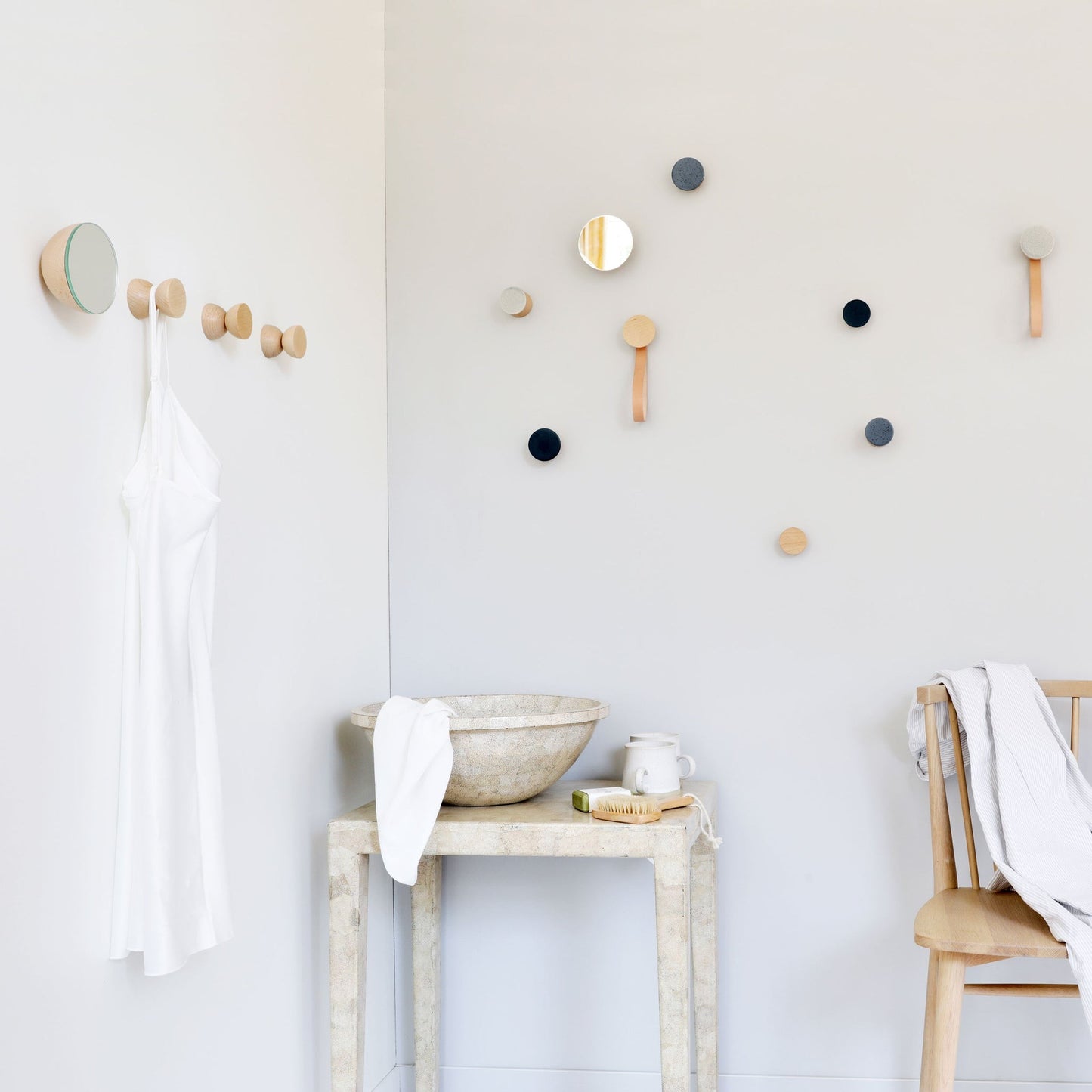 Beech Wood & Ceramic Wall Hook / Knob - Grey Sand